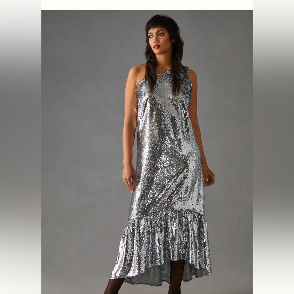 Maeve one shoulder silver sequin midi dress anthropologie sz large new nwt ✨